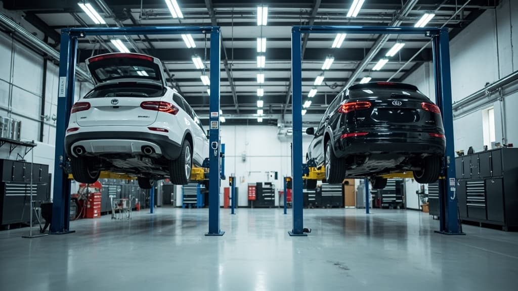 Interior de un taller profesional con dos coches en elevadores.